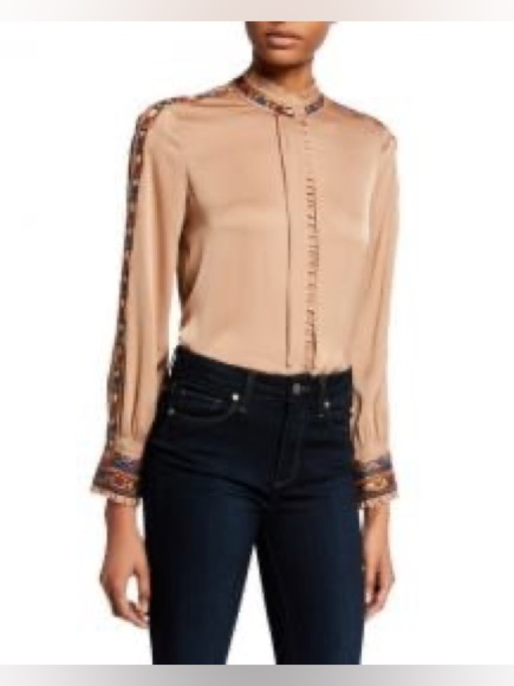 Kobi Halperin Embroidered Silk Blouse Mock Neck Ruffle XXL